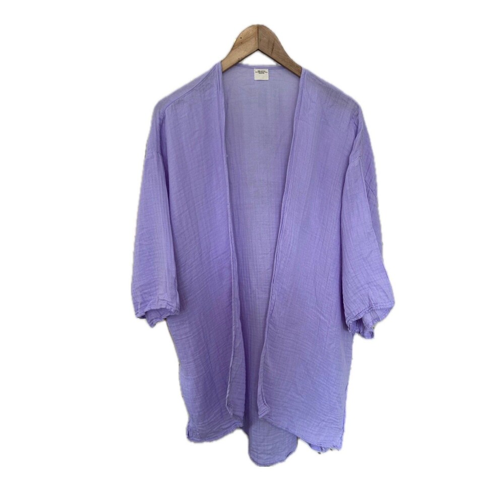 Women's Lavender 100% Cotton Gauze Crinkle Longline Duster Open Cardigan OS